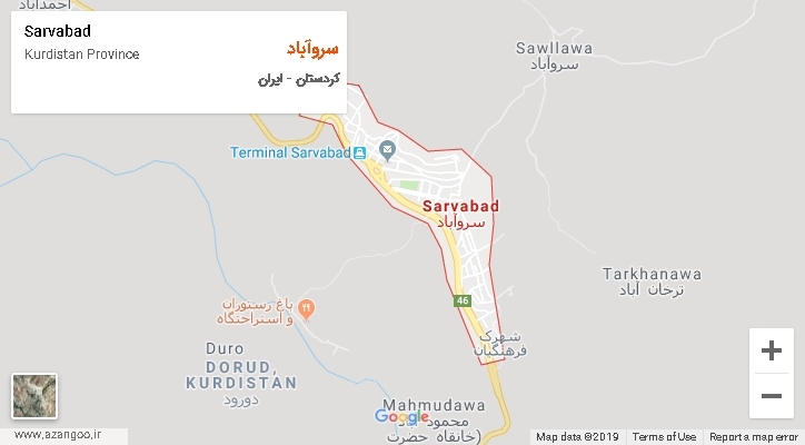 شهرستان سروآباد بر روی نقشه